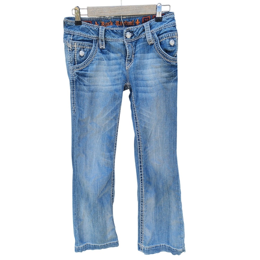 Rock Revival Elizabeth Wide Leg Jeans Blue Light Wash Embroidered Size 28